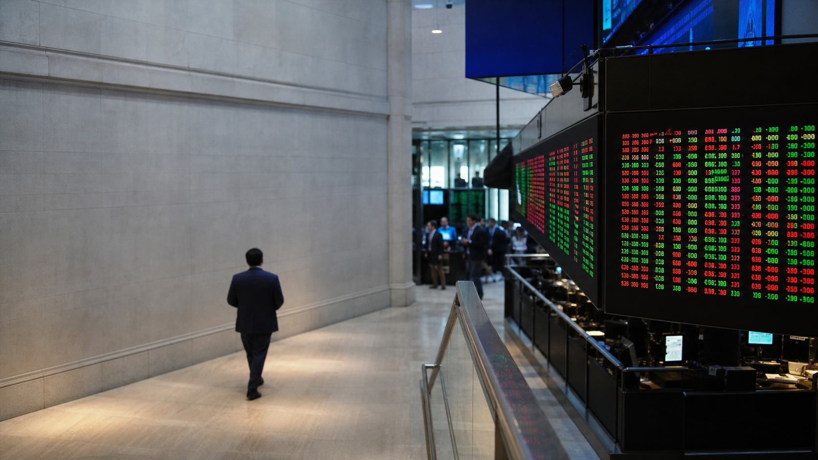 Electronic market index boards and an empty trading floor corridor at a financial exchange, with Mumbai skyline visible through windows.