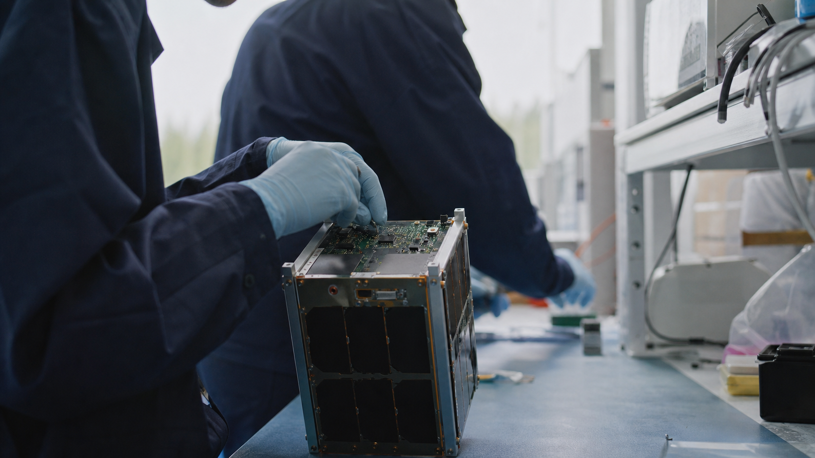 Close-up of engineers' gloved hands installing electronics into a small satellite payload in a lab clean area, with test equipment and workbench in soft natural light.