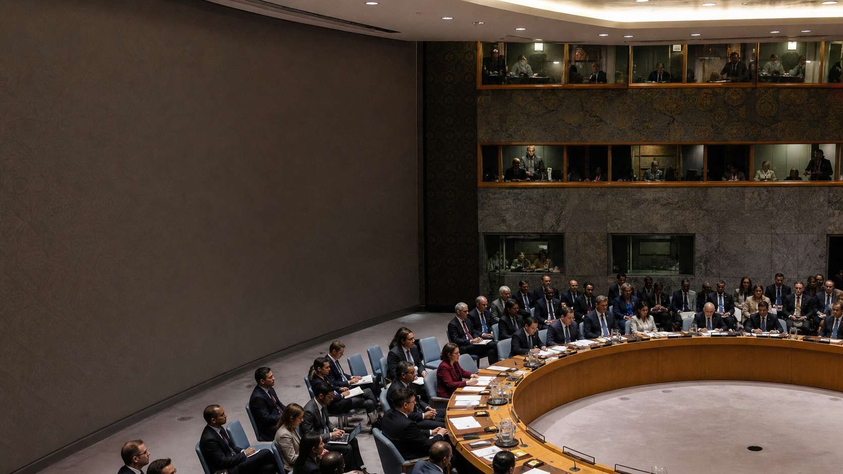 UN Security Council chamber during a session, with delegates seated and listening as the Haiti mandate extension is discussed amid concerns about gang violence and mission funding.