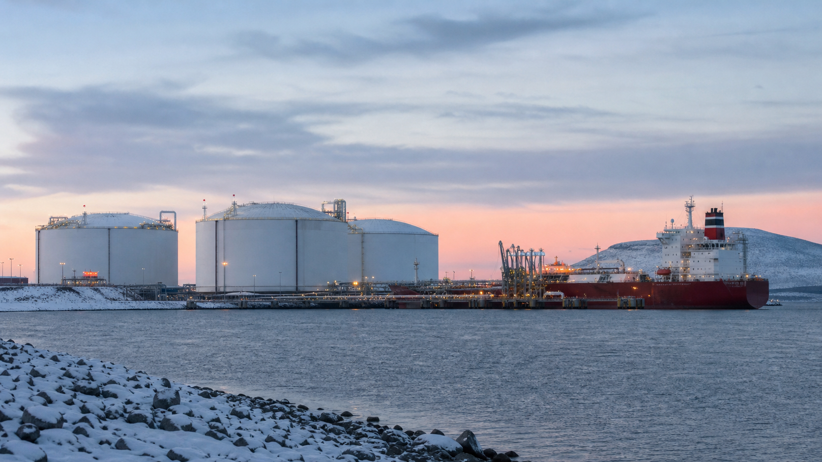 A natural-gas import terminal at dusk with storage tanks and a berthed tanker under overcast winter skies, showing operations continuing as lights reflect on calm water
