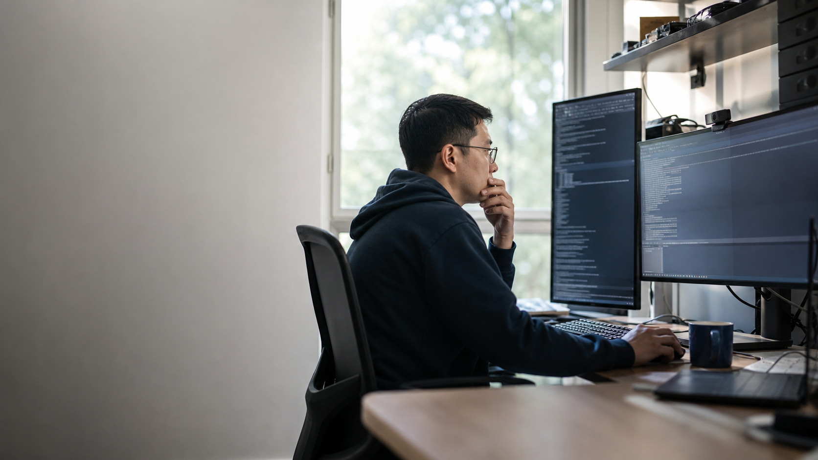 A researcher monitors multiple terminal windows showing a halted AI agent run and sandbox logs, with a secondary screen highlighting a failed task report under natural office lighting.