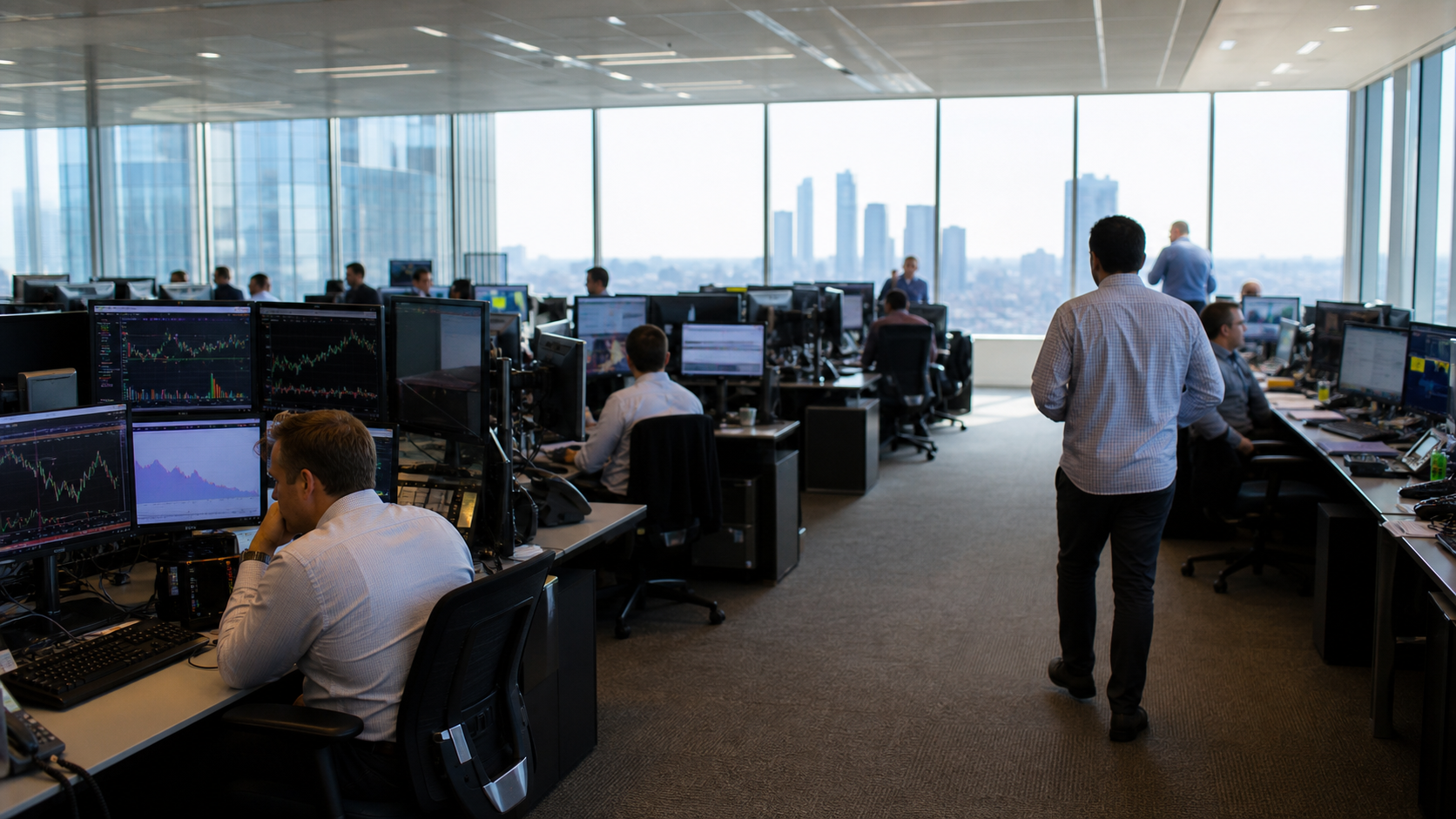 Traders monitor Treasury yield charts on muted screens in a New York dealing room during a volatile session, afternoon light crossing desks and most faces turned away