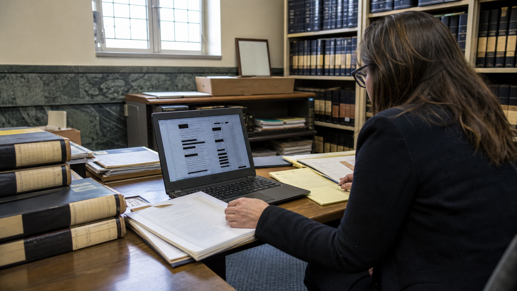 A court clerk’s desk with bound ledgers and a secured laptop showing a redacted bank statement, sunlight from a high window, space reserved for a headline overlay.