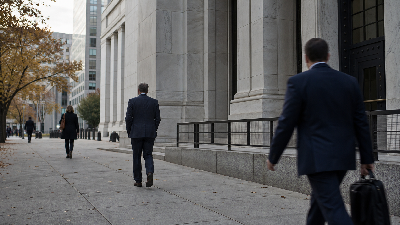 A Federal Reserve building entrance in early autumn light as office workers pass by, with space to crop for headline text and no visible logos or readable signs.