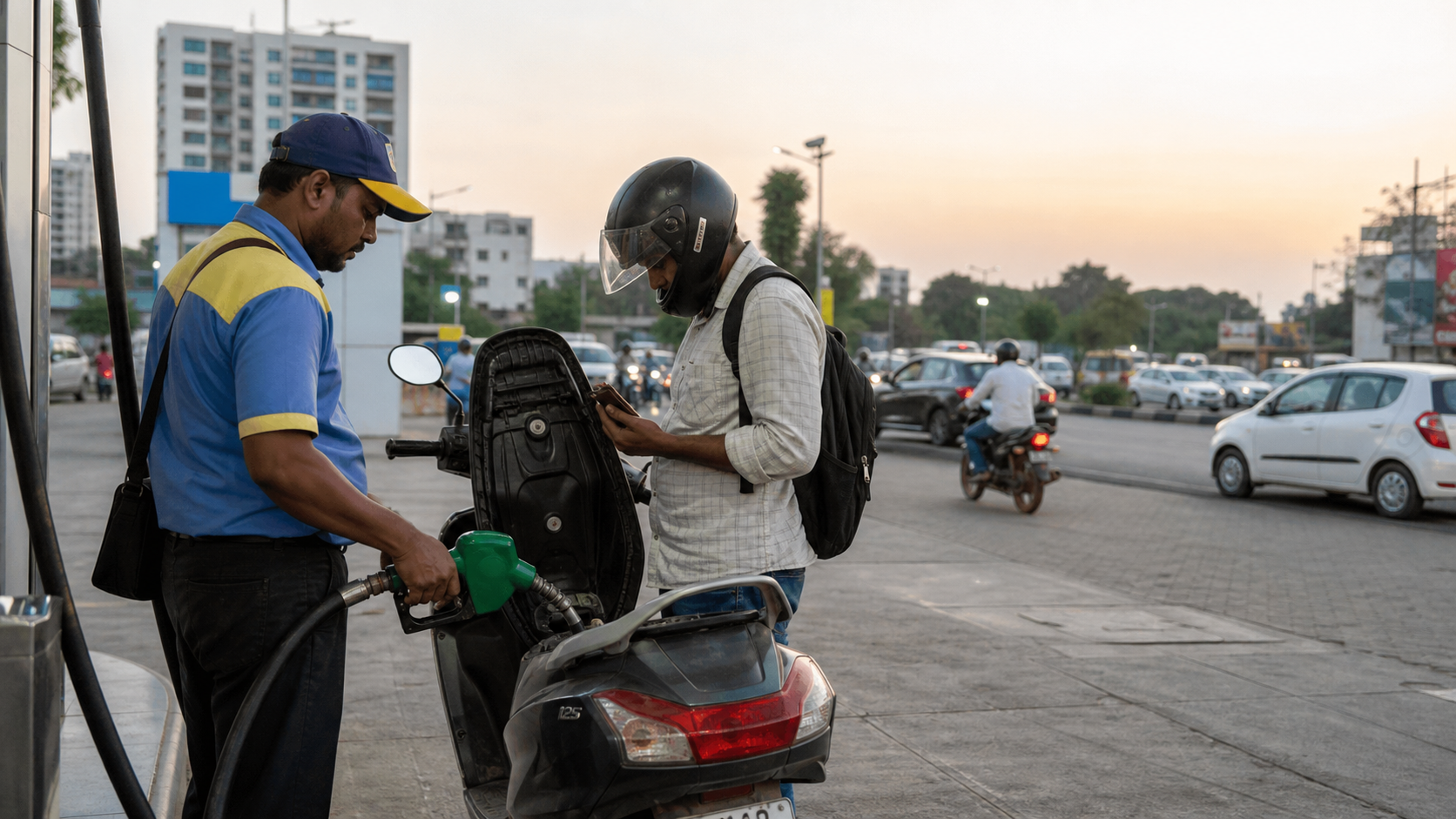 An attendant refuels a commuter’s scooter at dusk in a busy Indian city; traffic blurs past and the price board is out of focus, hinting at energy costs without readable branding.