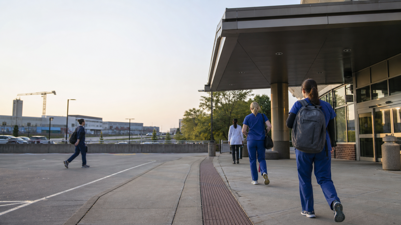 Nurses walk toward a hospital entrance at shift change as a crane rises over nearby buildings and a low factory roofline sits in the distance under soft morning light.