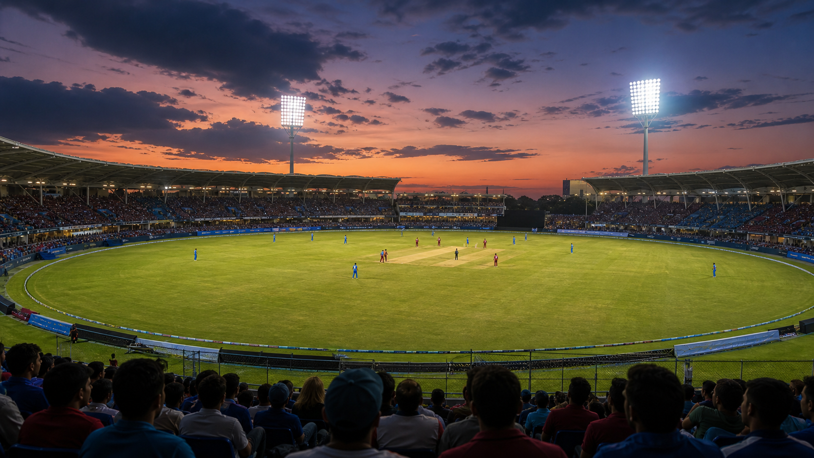 AI illustration of a one-day cricket ground at dusk, with distant players in colored kits and a clear pitch; no identifiable person.
