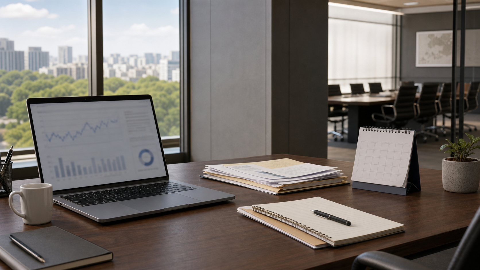 AI illustration of a financial newsroom desk with an empty calendar, papers and an unbranded screen ahead of a scheduled policy meeting.