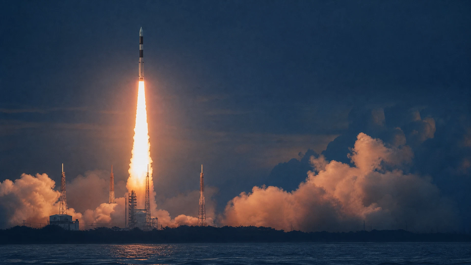 A launch vehicle rises from a coastal space centre before dawn.