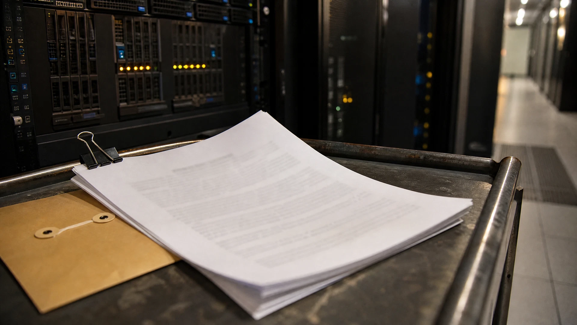 A curled legal filing rests on a metal cart beside working server equipment.