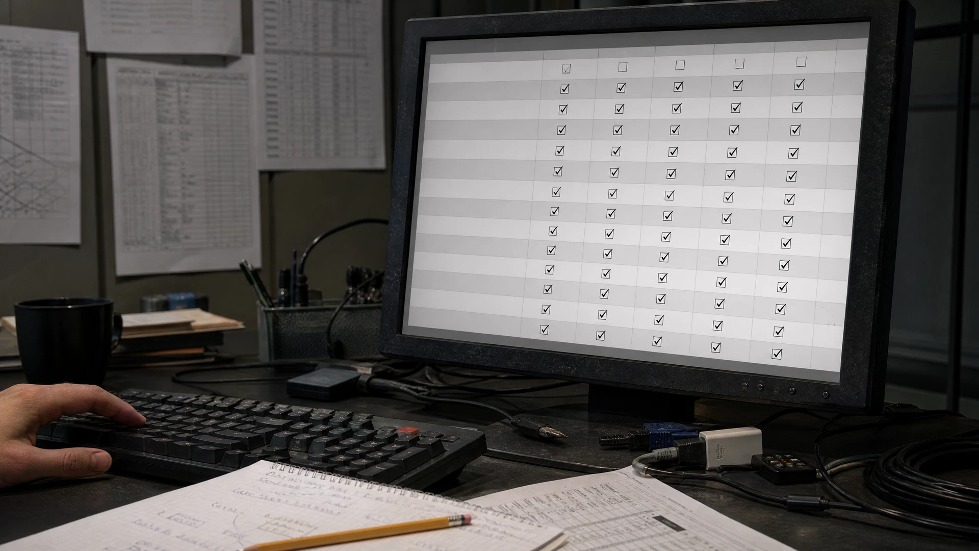 An IT review workstation displays a generic permissions matrix beside paper audit notes.
