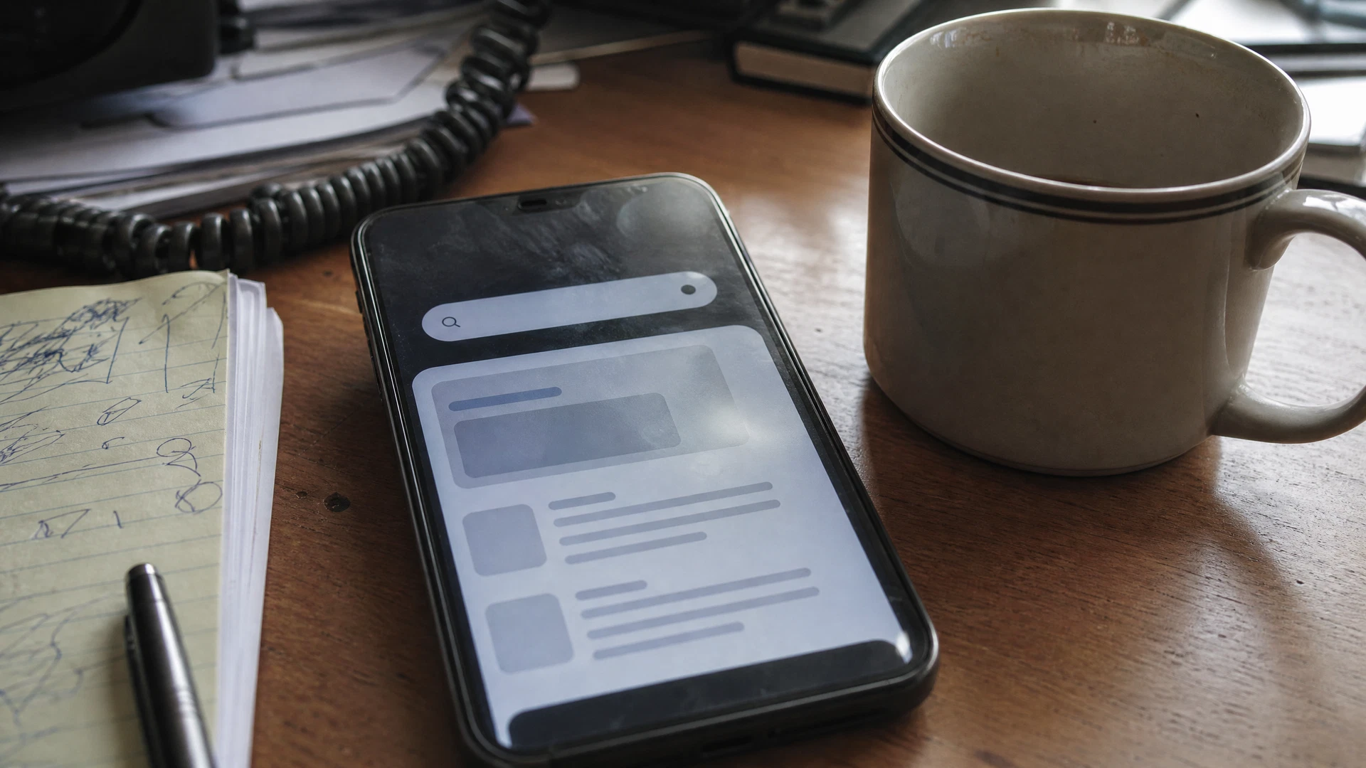 A smudged smartphone with a generic search interface rests on a naturally lit wooden desk.