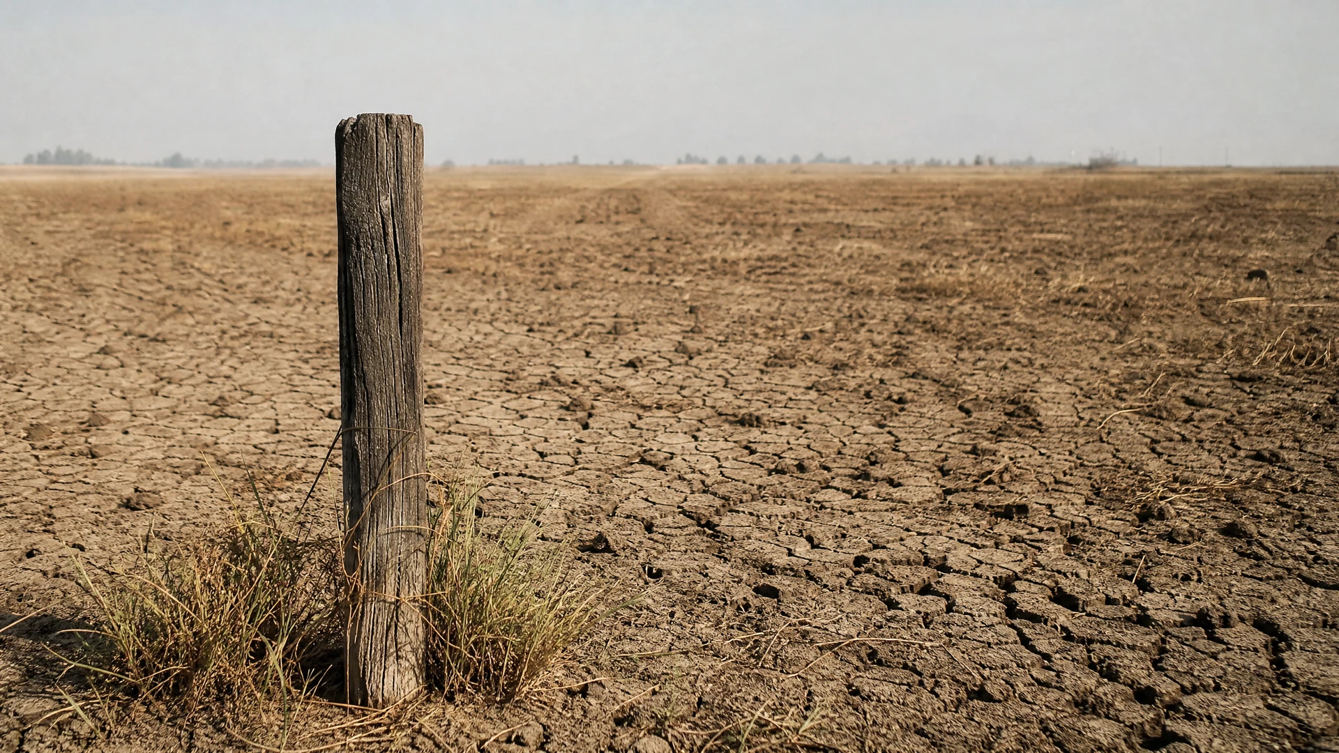 Cracked farmland stretches past a weathered fence post beneath hard midday light.