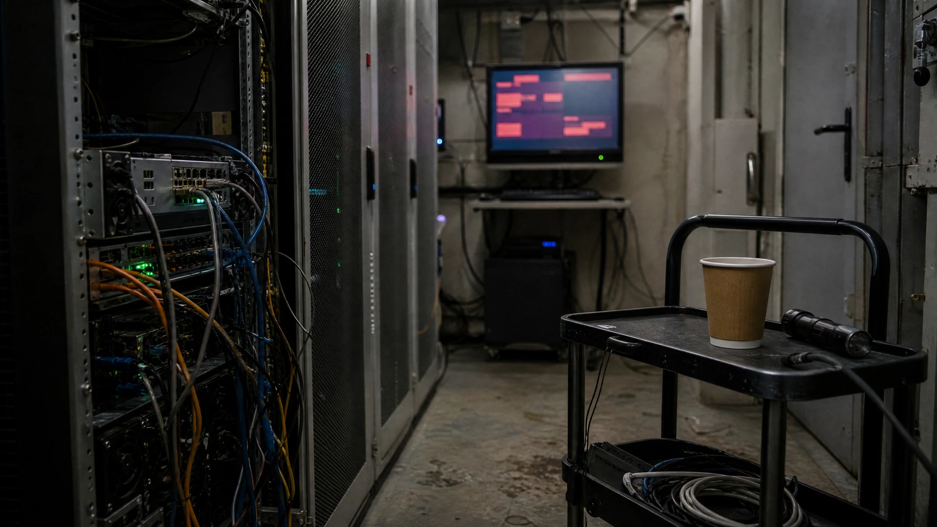 An open server chassis and tangled network cables sit in a dim maintenance room.