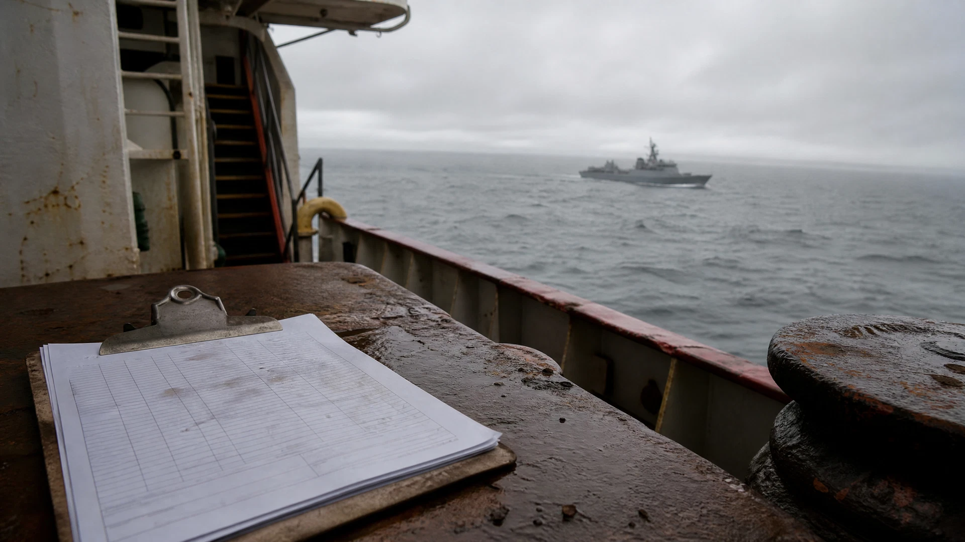 A weathered shipping manifest rests on a cargo deck above choppy gray water.