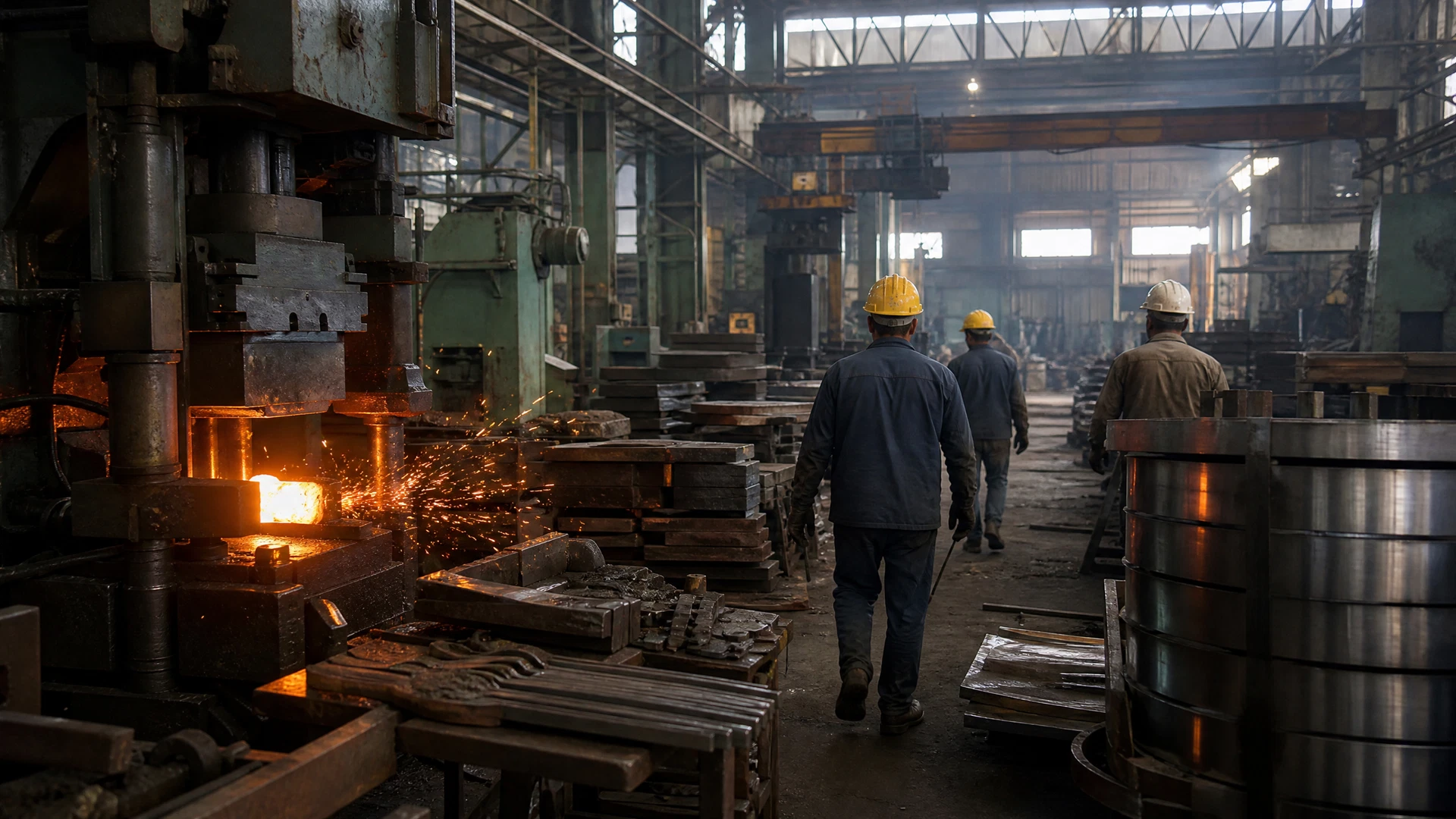 Sparks fly inside an active Indian metal plant surrounded by heavy industrial equipment.