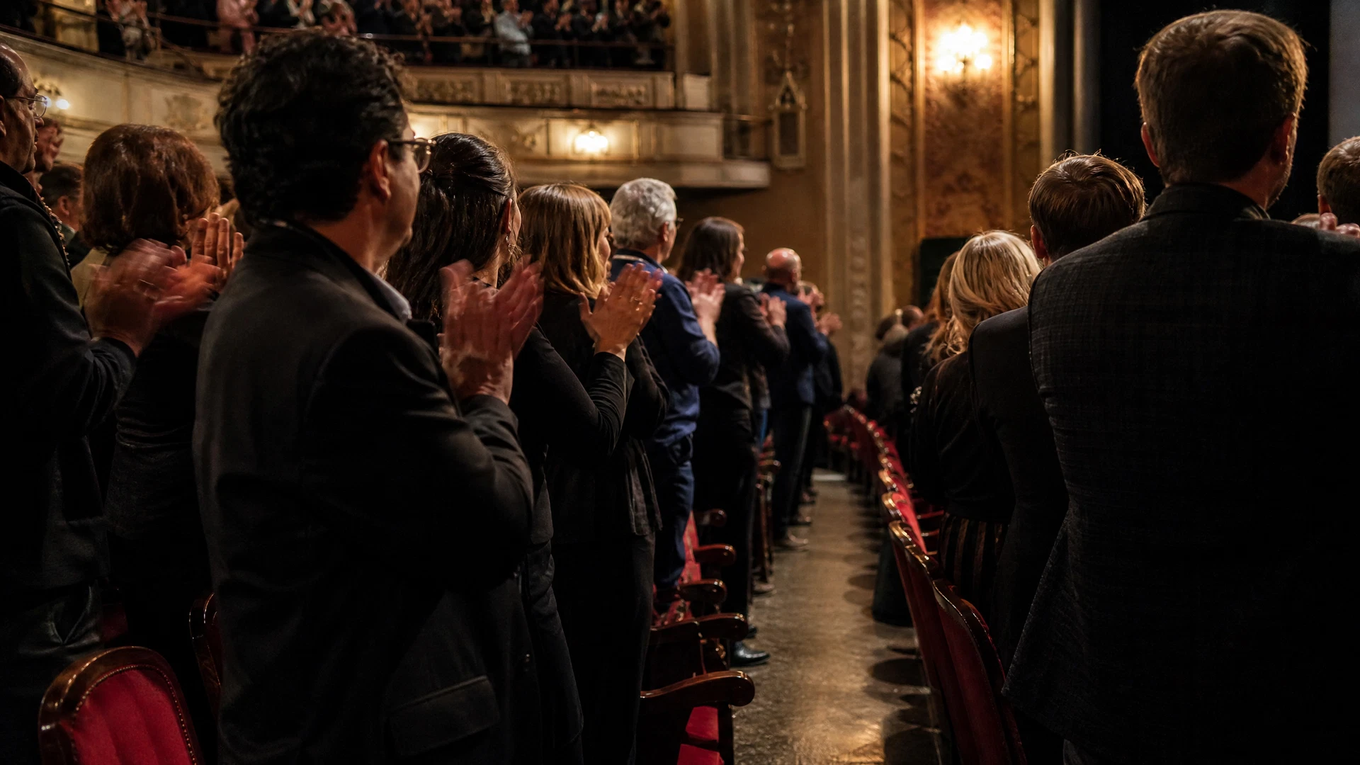 Audience silhouettes stand and applaud in a warmly lit, ornate European cinema.
