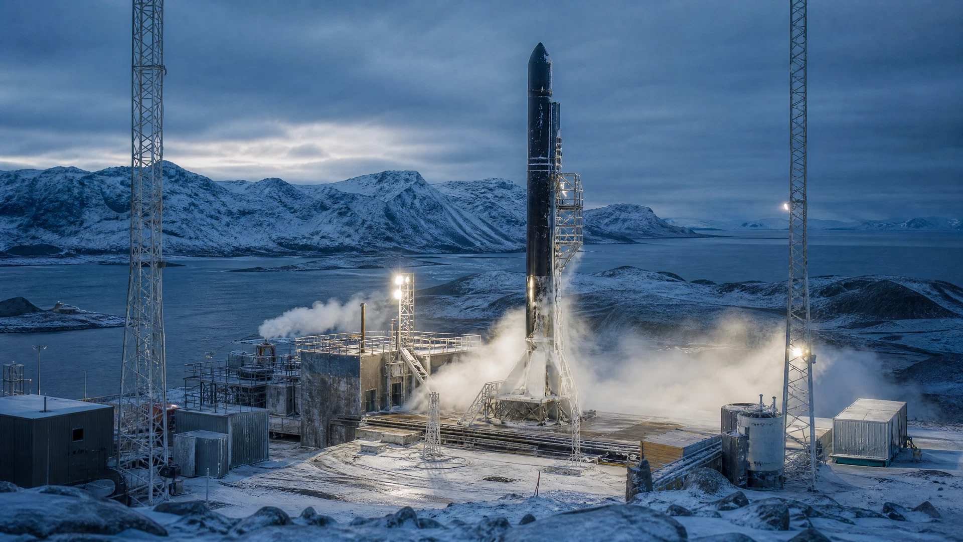 A practical rocket stands on a frost-covered Arctic launch pad near coastal mountains.