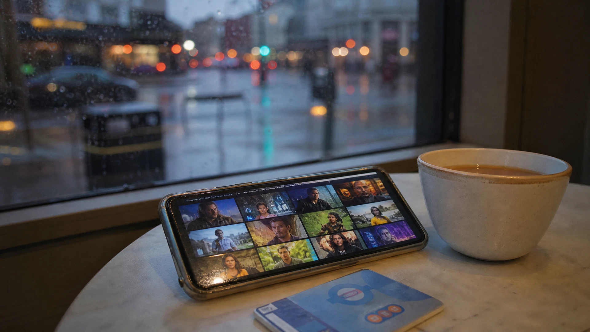 A phone with a generic streaming catalogue rests beside a teacup on a cafe table.
