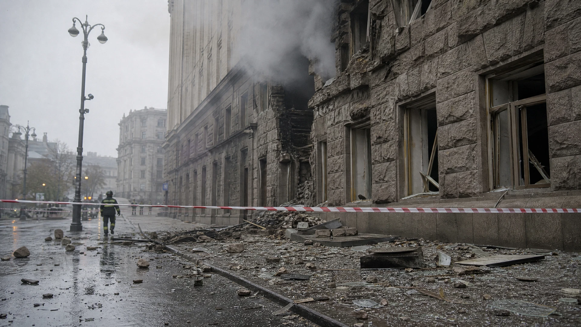 Smoke rises from a damaged stone building as debris lies across a wet Kyiv street.