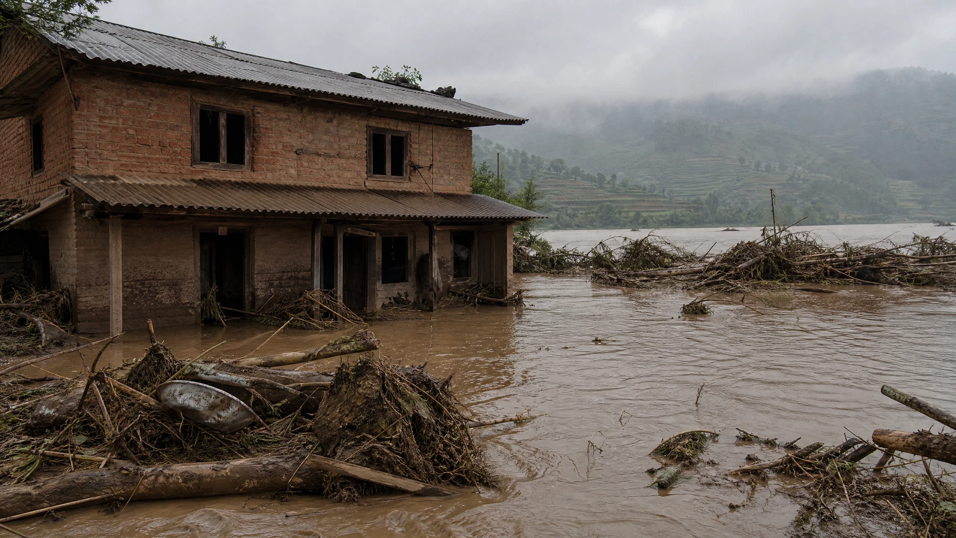 Muddy floodwater surrounds a weathered brick home beneath a misty gray sky in Nepal.