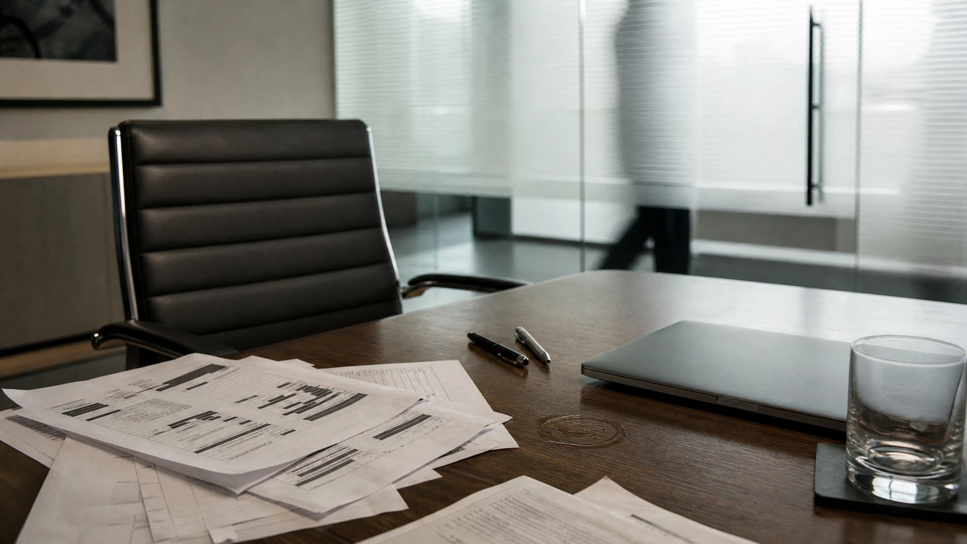 Financial schedules and a closed laptop lie on a used boardroom table in daylight.