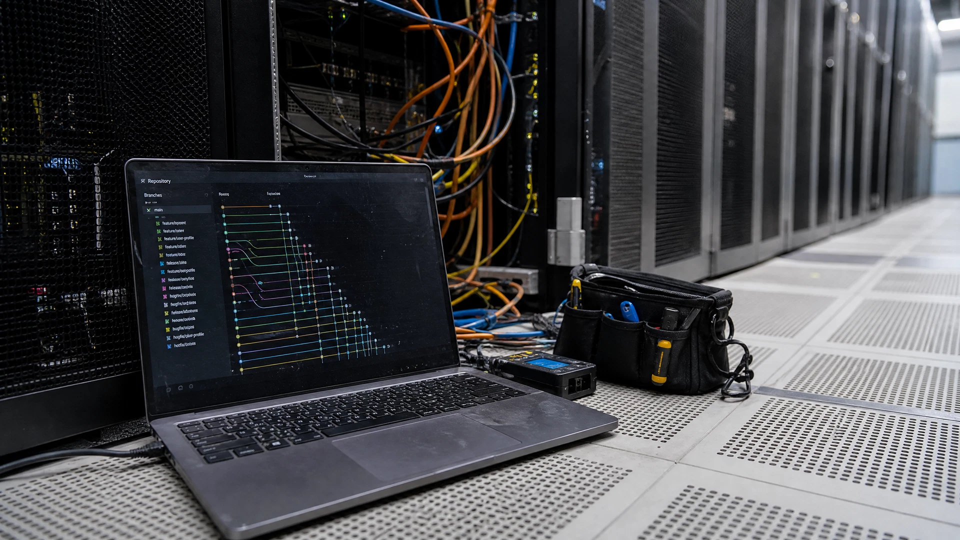 A maintenance laptop with generic repository branches sits in a working data-centre aisle.