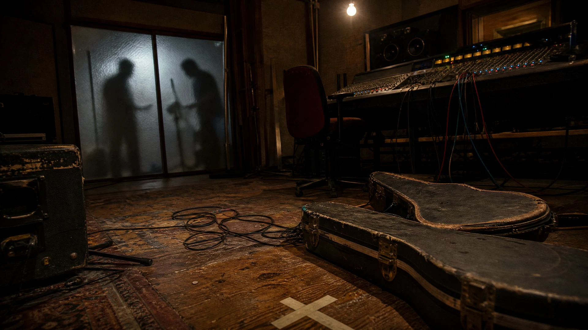 Worn guitar cases and tangled audio cables cover the floor of a dim rehearsal room.