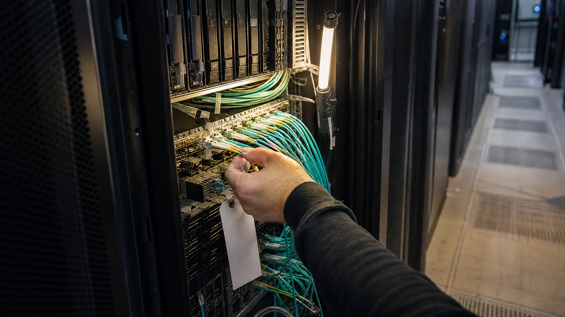 A technician adjusts dense fibre-optic patch cables in a narrow data-centre corridor.