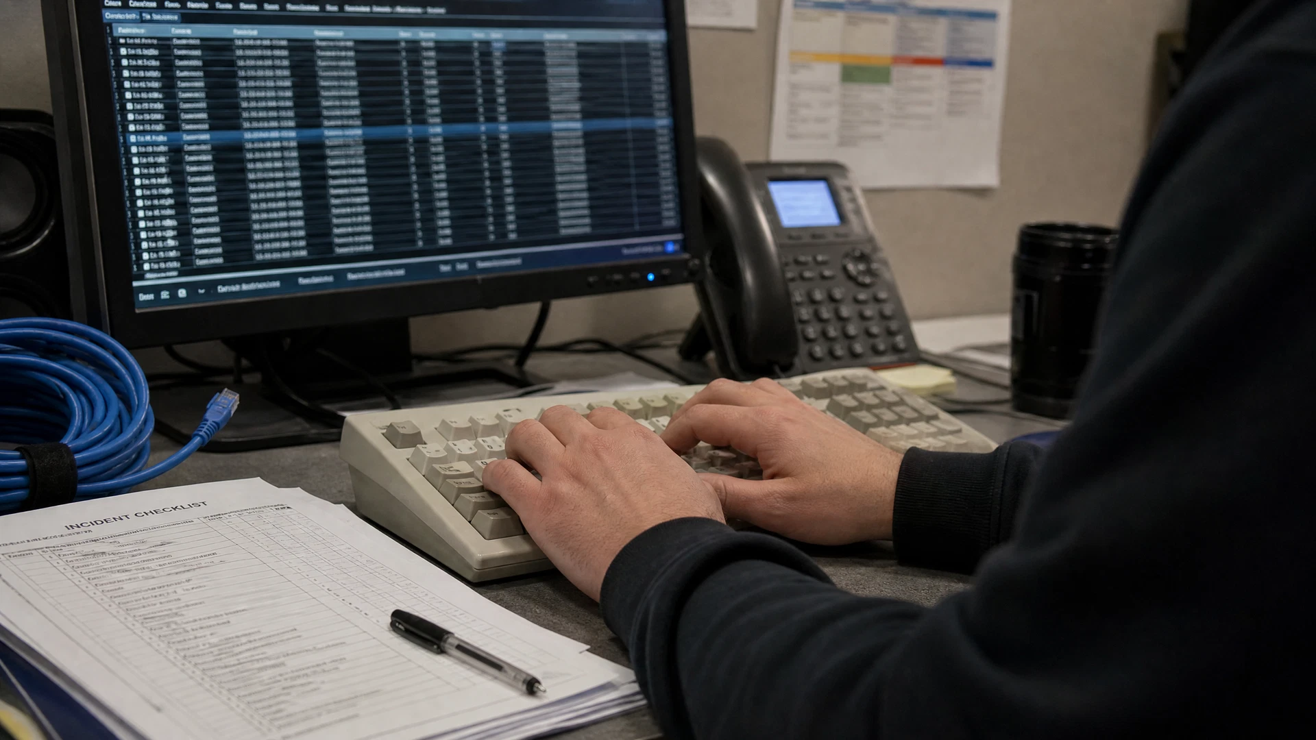 Anonymous hands work at a practical security desk with event logs and incident checklists.