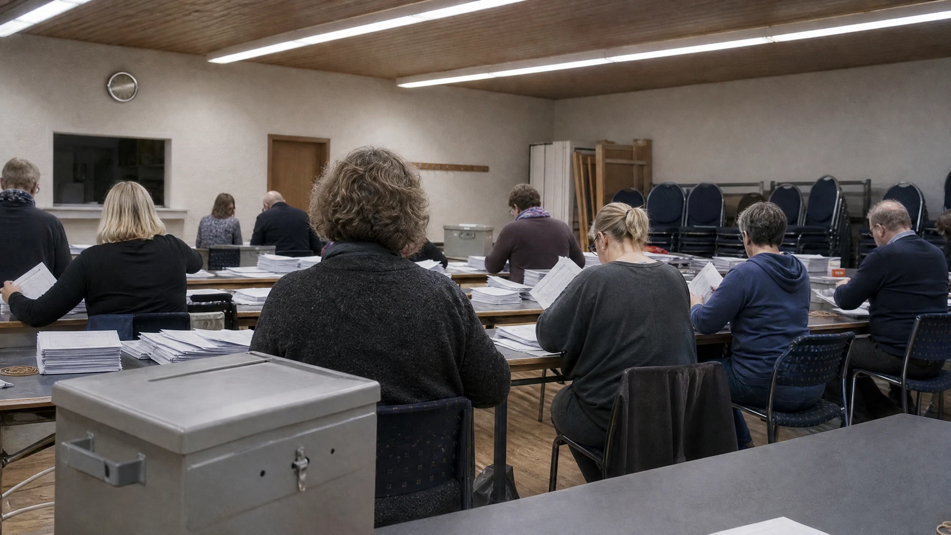Election workers sort paper ballots at municipal tables inside a modest community hall.