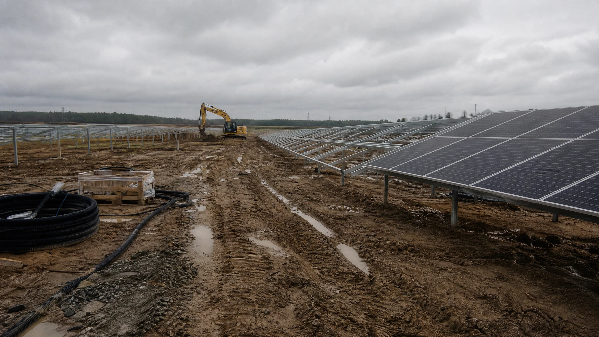 Partially installed solar panels and muddy tire tracks fill an active construction site.