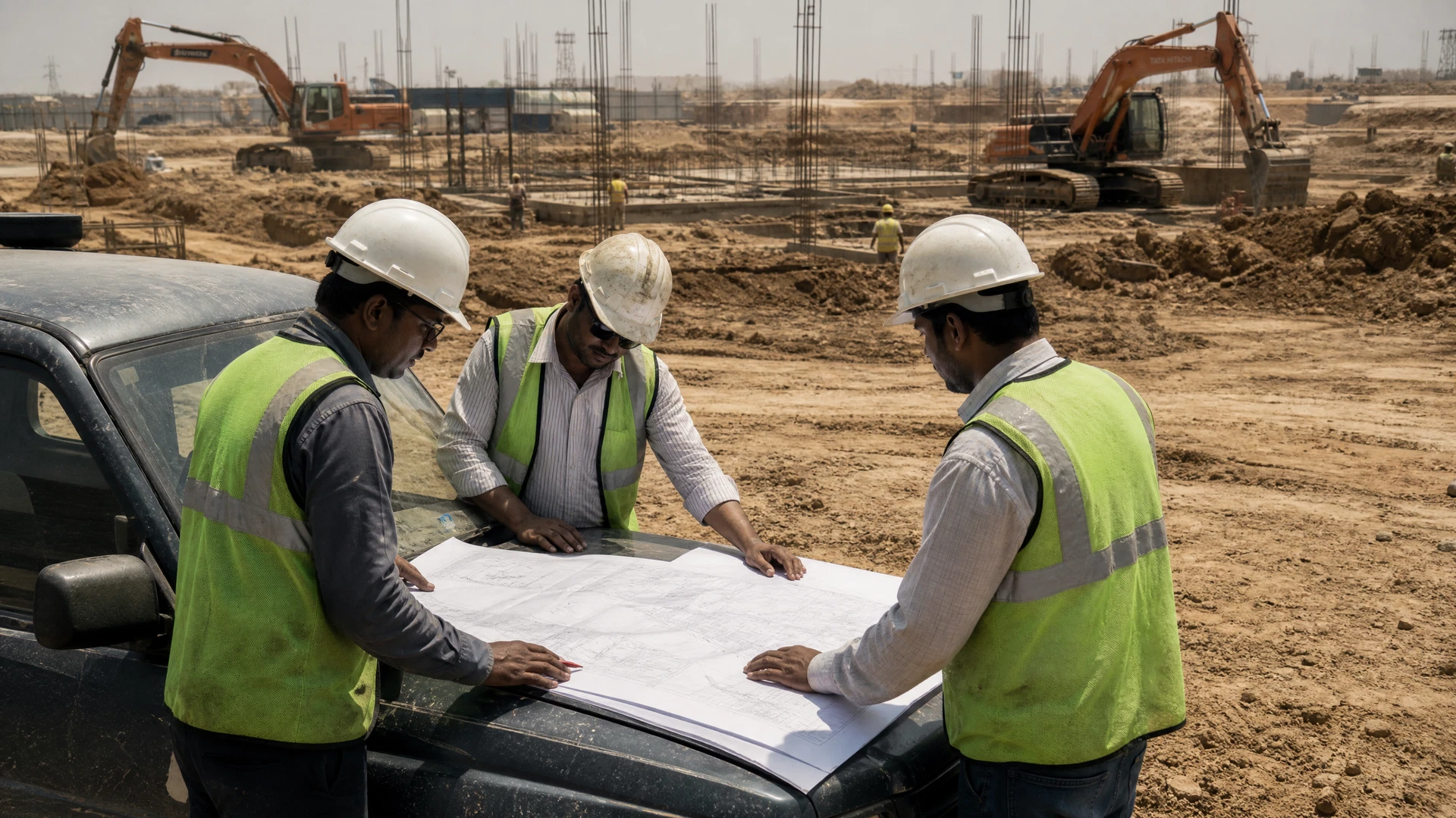 Engineers review an unlabelled plan on a dusty vehicle at a Hyderabad construction site.