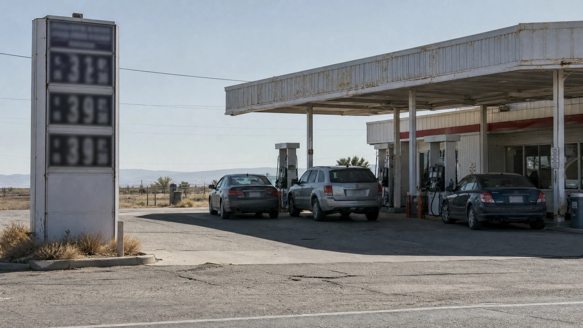 Dusty cars wait at a weathered roadside fuel station under hazy late-summer light.