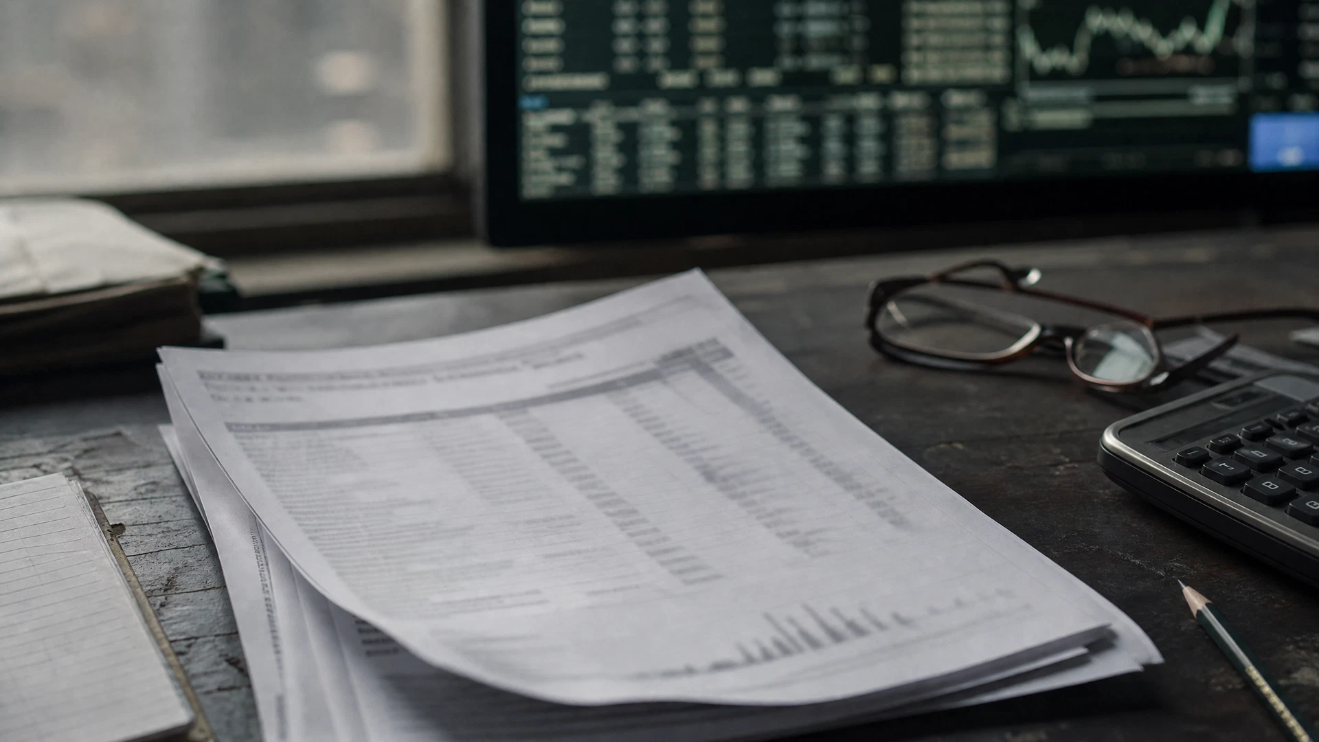 An employment report and folded reading glasses rest beside a softly glowing market terminal.