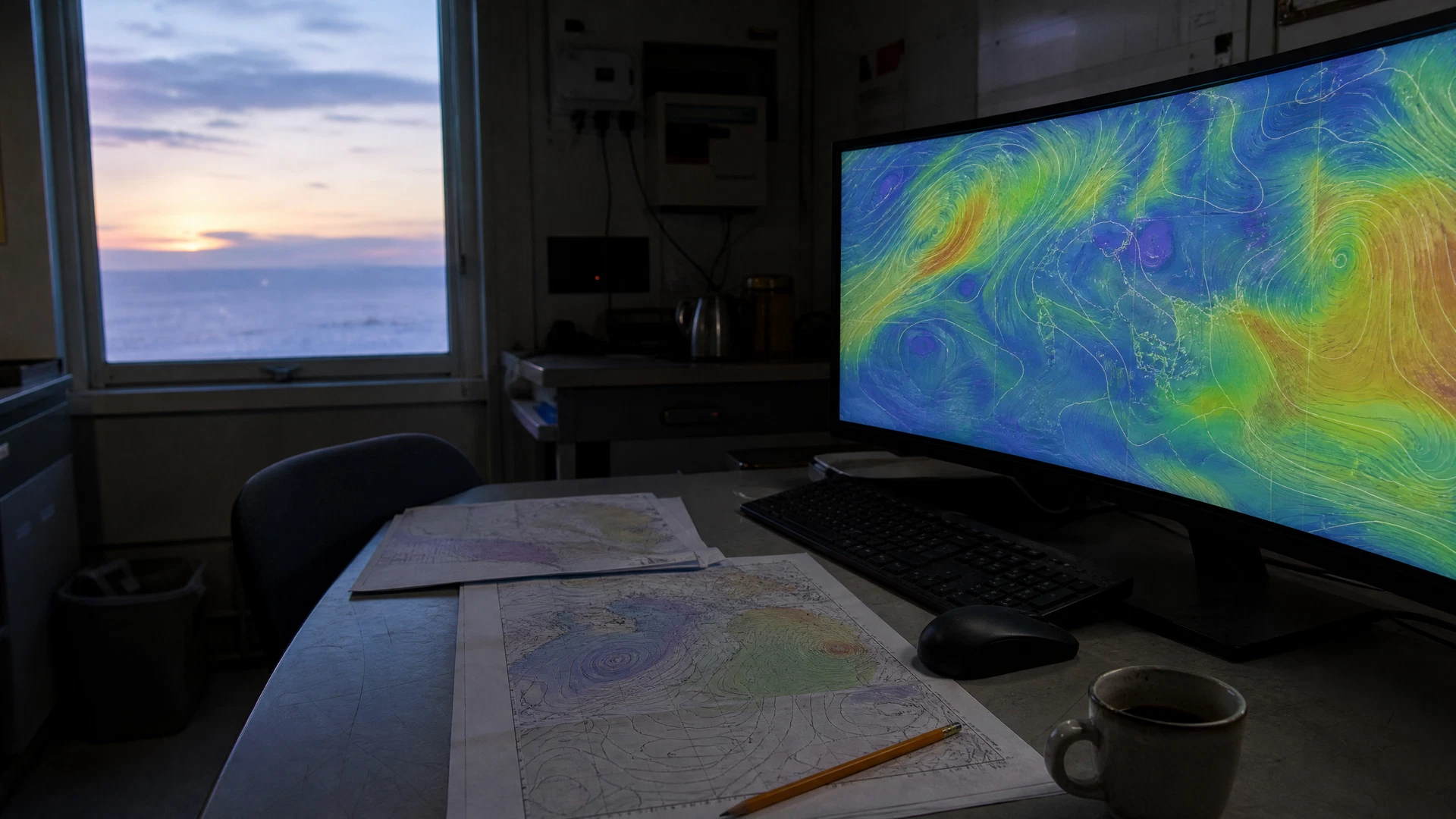 Atmospheric maps glow on a forecasting workstation beside printed charts and a coffee mug.