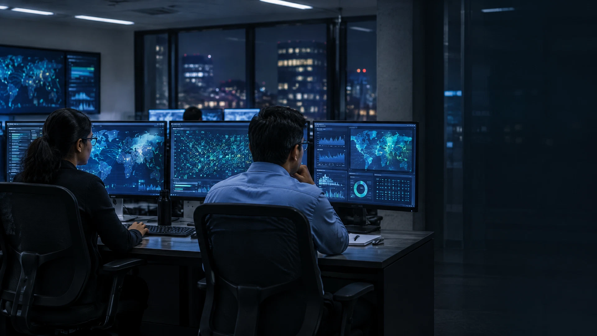 Cybersecurity analysts review anonymized network activity in an operations room.