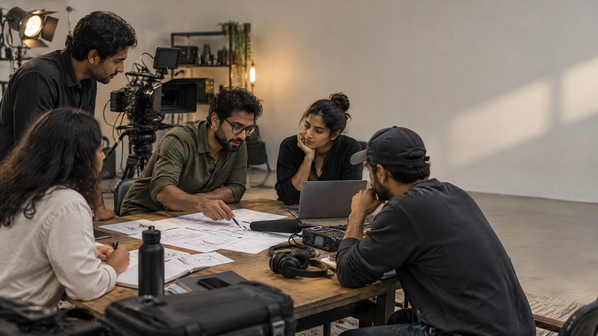 A film and audio production team plans a project around a studio worktable.