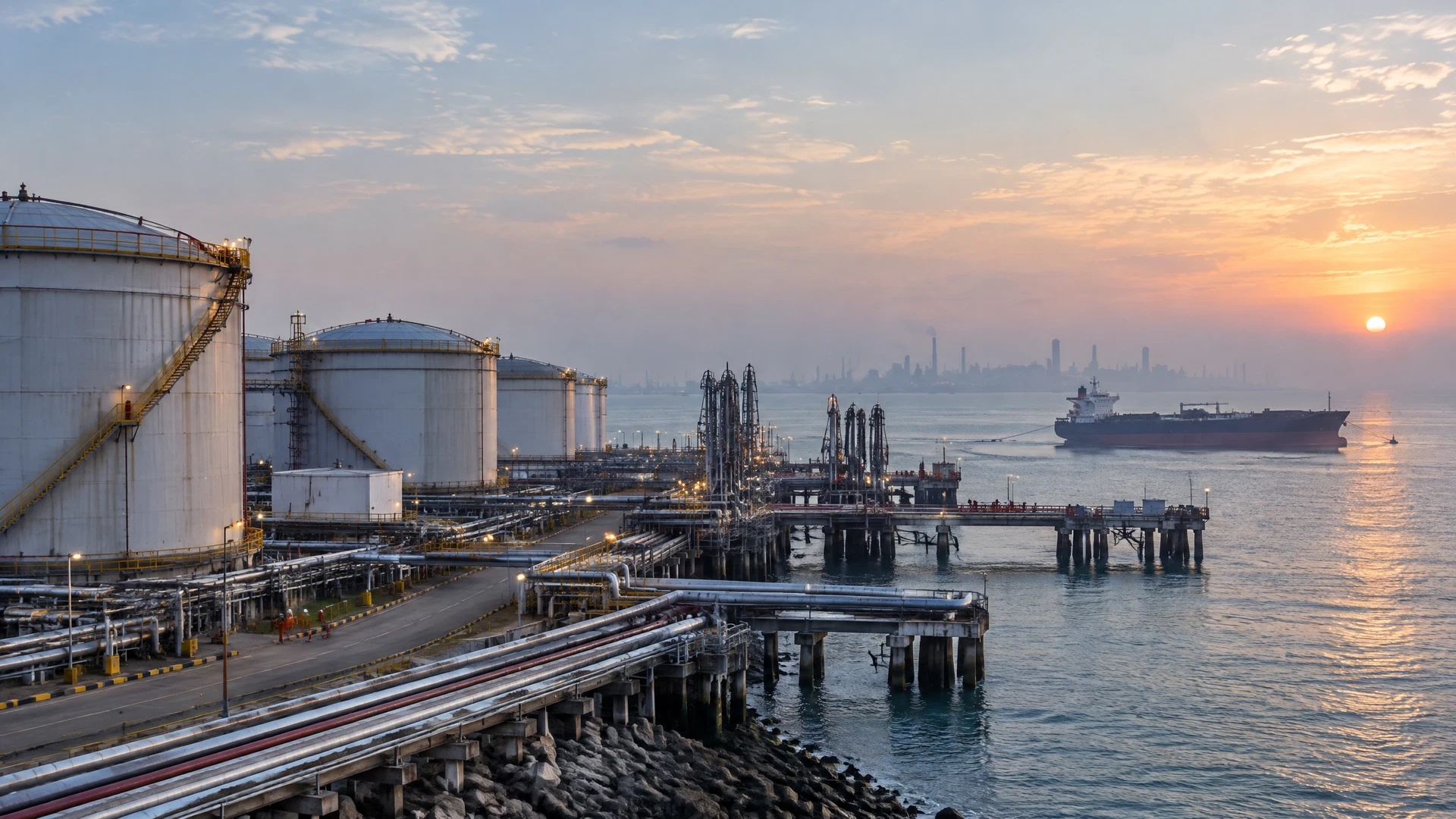 A coastal oil storage and loading terminal stretches toward a tanker on the horizon.