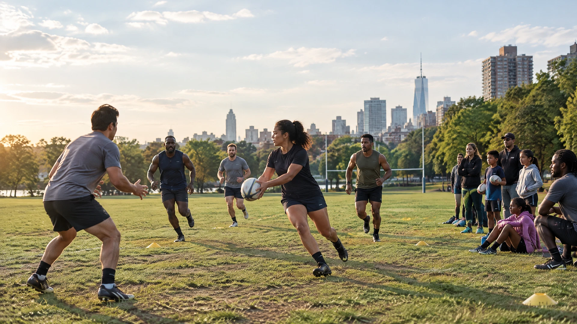 Community rugby players practice passing drills on an outdoor field in the United States.