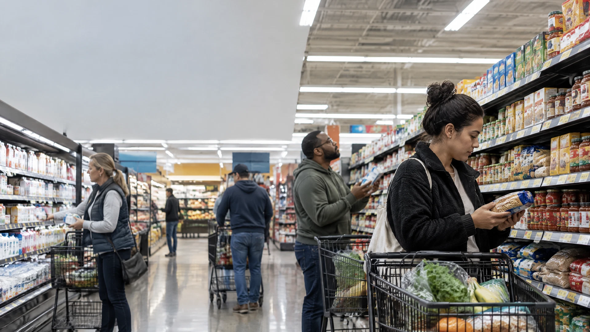 Shoppers compare grocery prices in a supermarket aisle during a routine shopping trip.