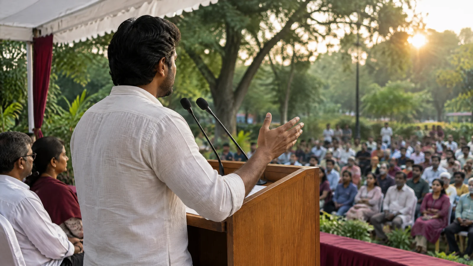 AI-generated conceptual scene of an anonymous speaker addressing a peaceful civic gathering from a park stage