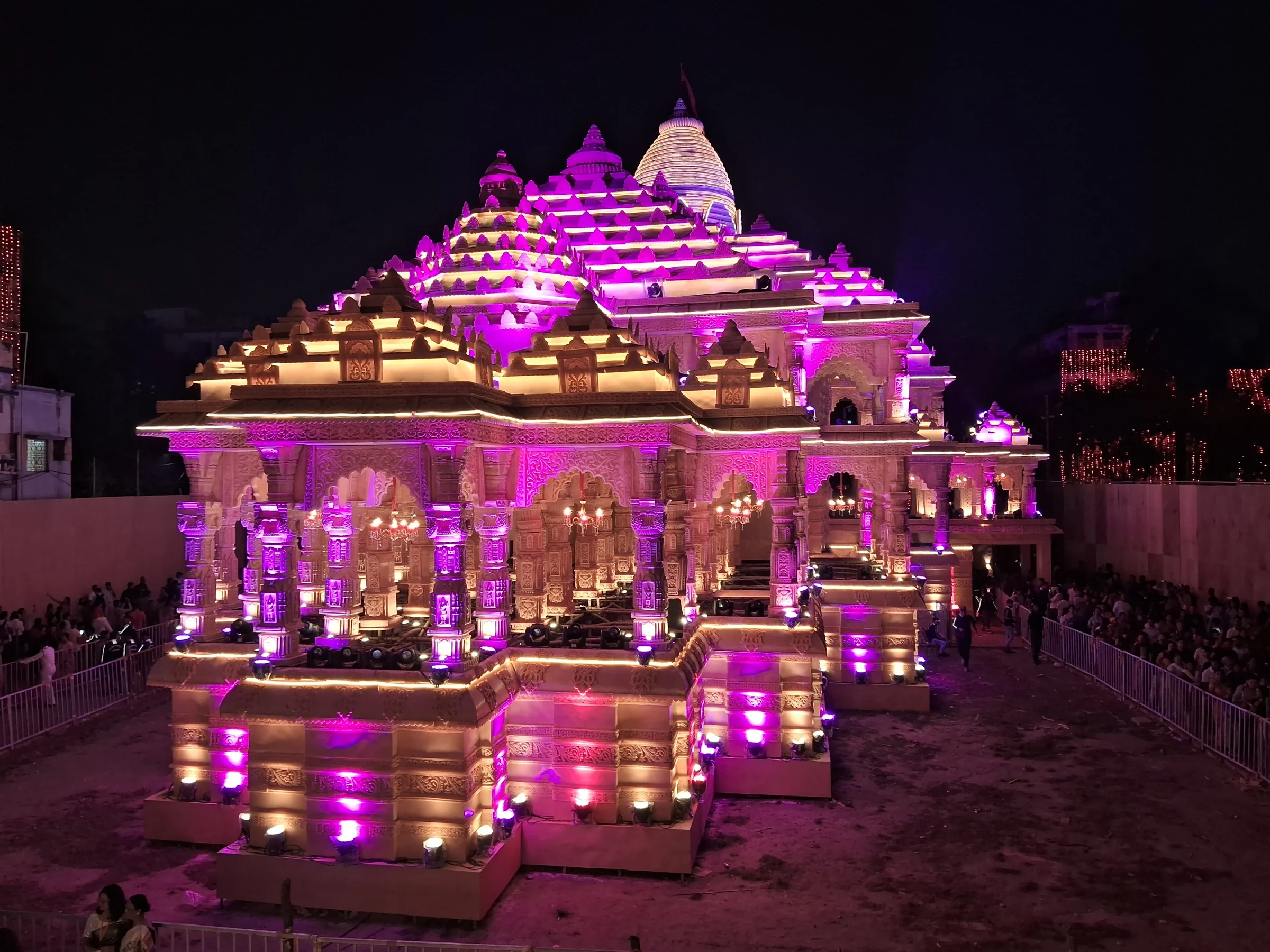 A brightly lit Durga Puja pandal in Kolkata photographed in October 2023; this archive image does not depict the Chorbagan incident.