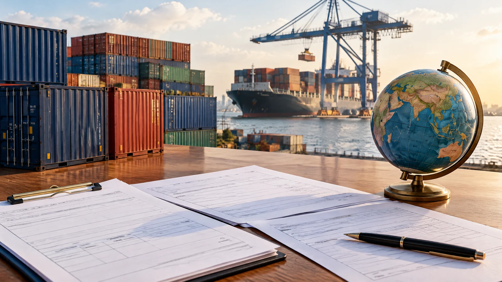 Conceptual illustration of shipping containers, port cranes and customs paperwork beside a globe.