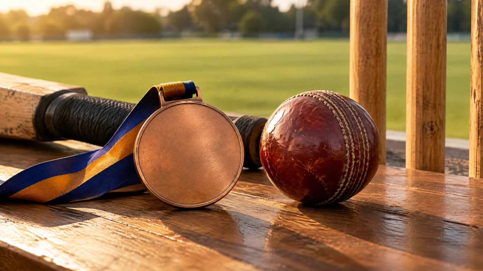Conceptual illustration of a plain bronze-coloured medal beside cricket equipment.