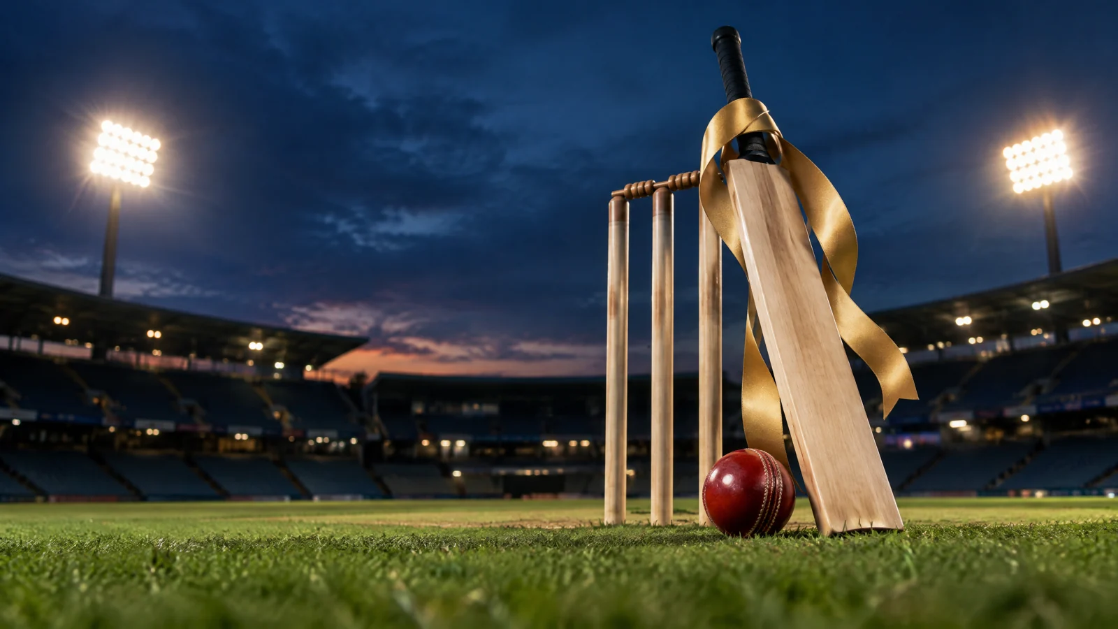 Conceptual illustration of cricket equipment and a gold-coloured ribbon on an empty pitch.