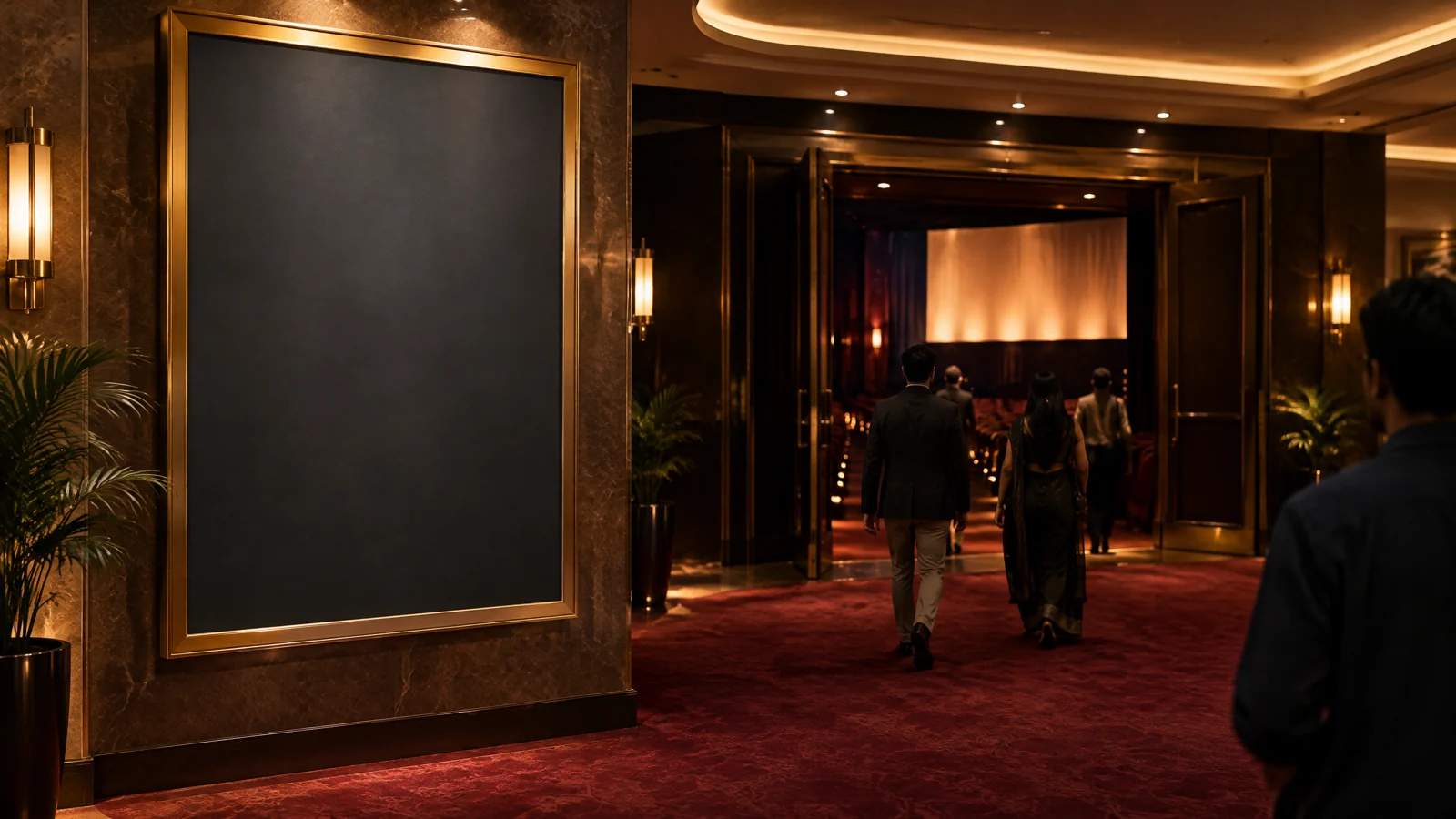 Conceptual illustration of a cinema entrance and a blank poster panel.