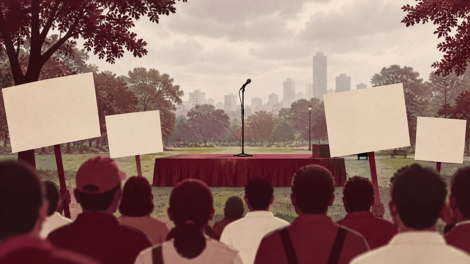 Conceptual illustration of a civic gathering beside an empty speaking platform and blank placards.