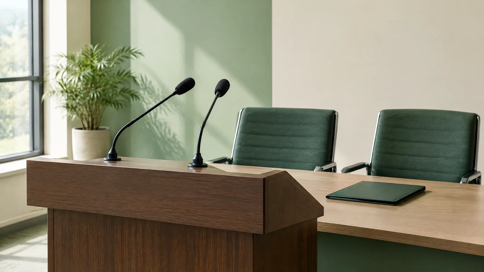 Conceptual illustration of an empty press podium, microphones and a meeting table.