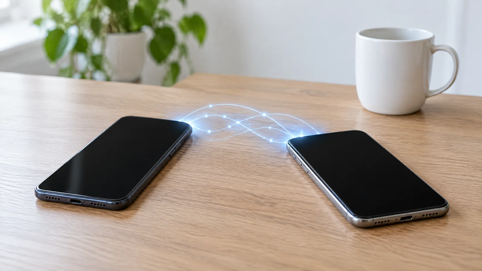 Conceptual illustration of two blank-screen smartphones with abstract connection arcs.